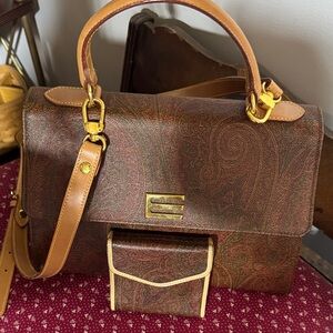 Etro Brown and Gold Paisley Handbag w Etro Wallet